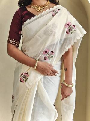 Cream Premium Kota Doria Embroidered Saree 1