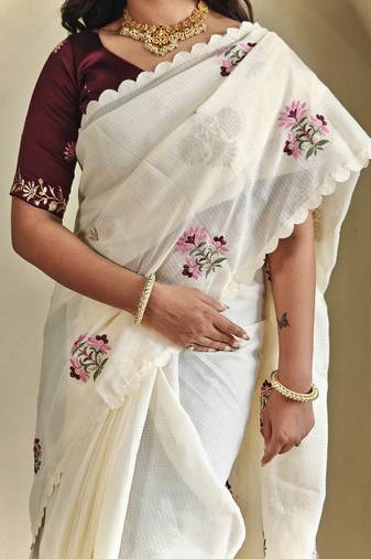 Cream Premium Kota Doria Embroidered Saree