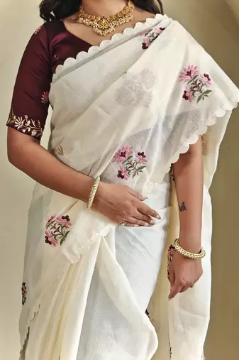 Cream Premium Kota Doria Embroidered Saree