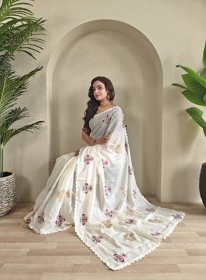 Cream Premium Kota Doria Embroidered Saree 3