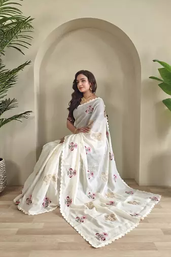 Cream Premium Kota Doria Embroidered Saree