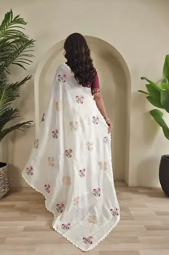 Cream Premium Kota Doria Embroidered Saree