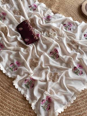 Cream Premium Kota Doria Embroidered Saree 5