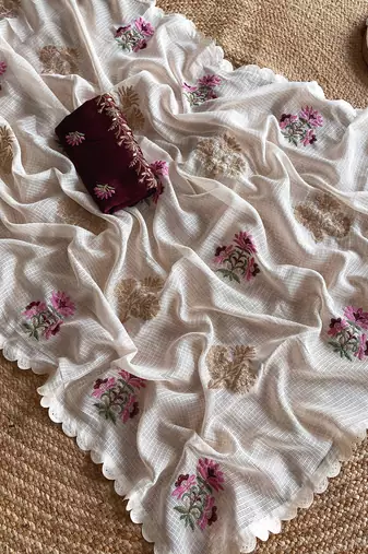 Cream Premium Kota Doria Embroidered Saree