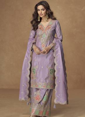 Lavender simar silk embroidered designer Palazzo suit 1
