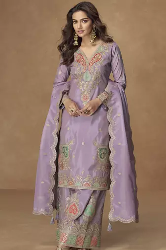 Lavender simar silk embroidered designer plazzo suit