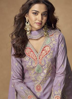 Lavender simar silk embroidered designer Palazzo suit 2