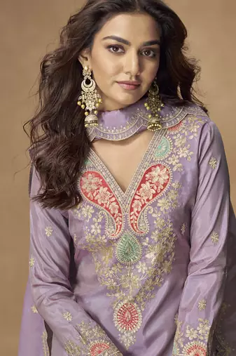 Lavender simar silk embroidered designer Palazzo suit