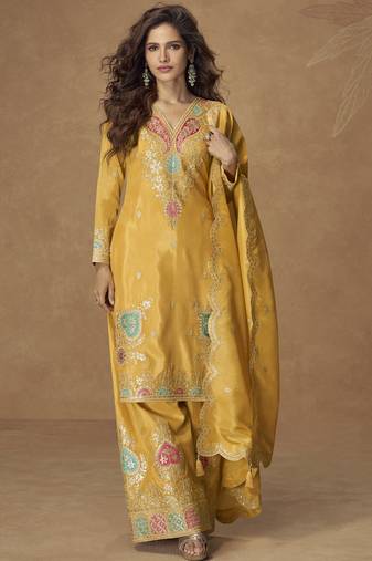 Yellow simar silk embroidered designer plazzo suit