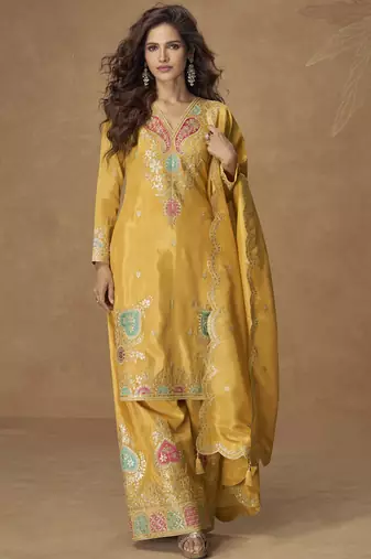 Yellow simar silk embroidered designer plazzo suit