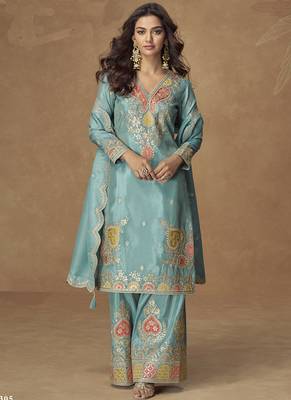 Sky blue simar silk embroidered designer Palazzo suit 1