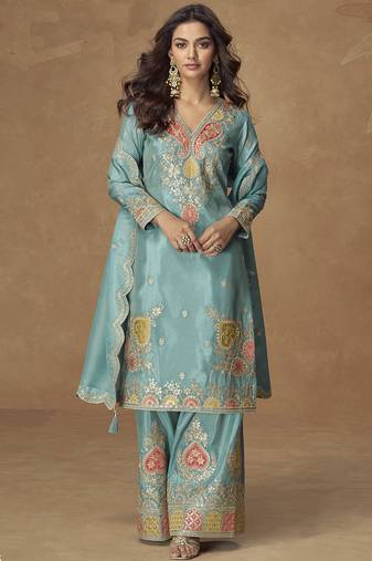 Sky blue simar silk embroidered designer plazzo suit