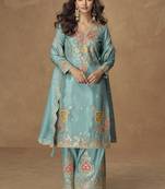 Sky blue simar silk embroidered designer Palazzo suit