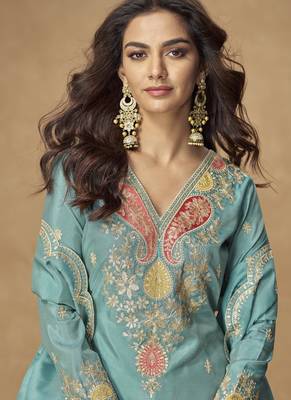 Sky blue simar silk embroidered designer Palazzo suit 2
