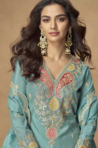 Sky blue simar silk embroidered designer Palazzo suit