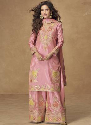Light pink simar silk embroidered designer Palazzo suit 1