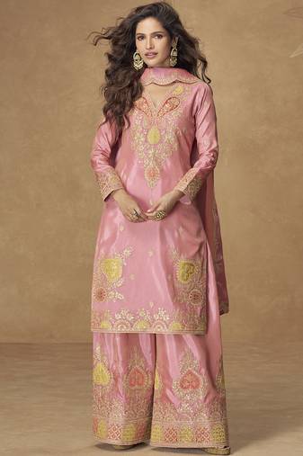 Light pink simar silk embroidered designer plazzo suit