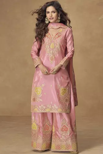 Light pink simar silk embroidered designer plazzo suit