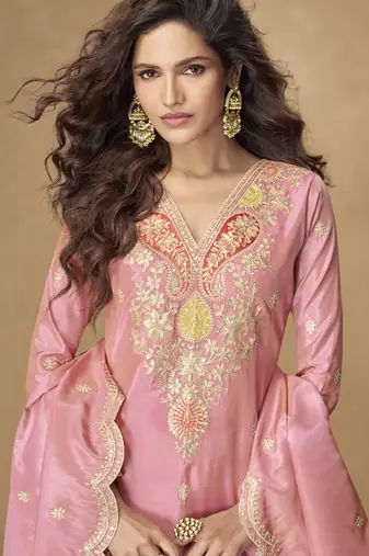 Light pink simar silk embroidered designer Palazzo suit