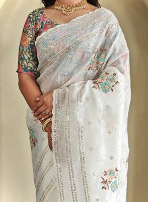 White Crush Organza Embroidered Saree 1