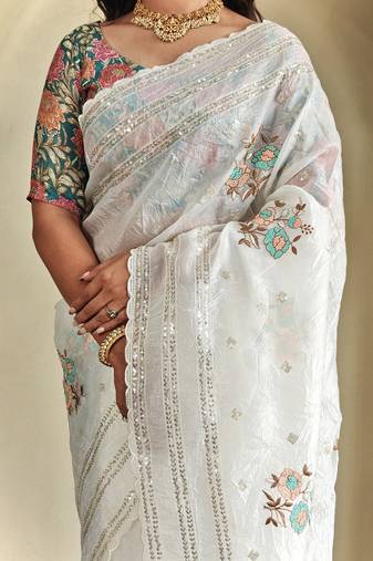 White Crush Organza Embroidered Saree