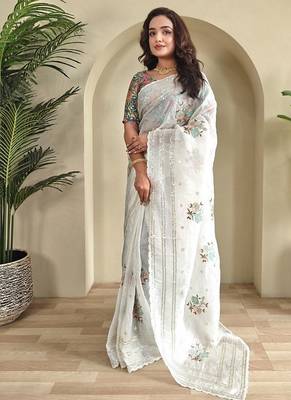 White Crush Organza Embroidered Saree 2