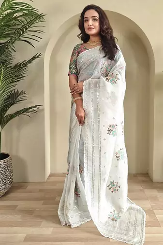 White Crush Organza Embroidered Saree