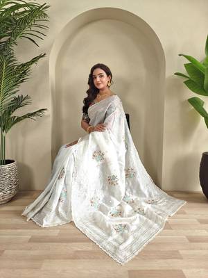 White Crush Organza Embroidered Saree 3