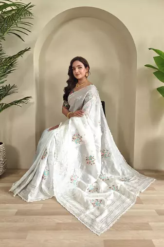 White Crush Organza Embroidered Saree