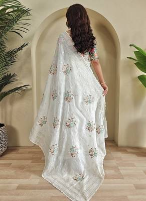 White Crush Organza Embroidered Saree 4