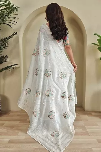 White Crush Organza Embroidered Saree