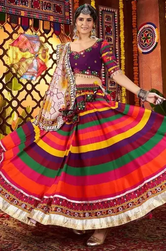 Multi Color Muslin Print Mirror Work fully stitched lehenga choli