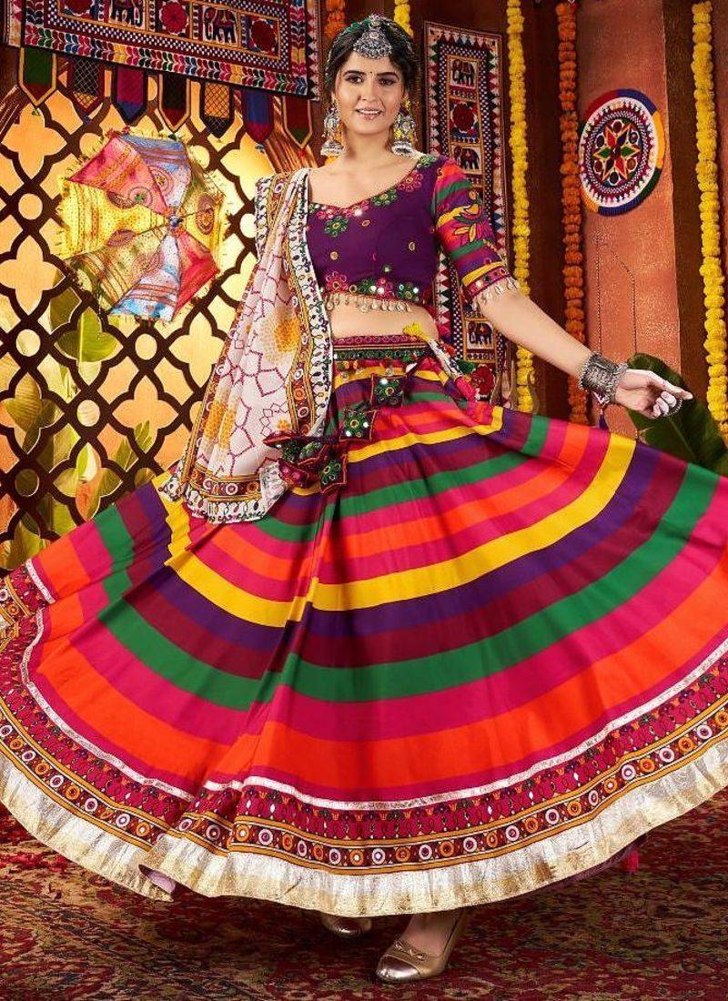 Multi Color Muslin Print Mirror Work fully stitched lehenga choli