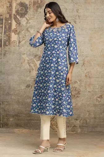 Blue cutwork neck design