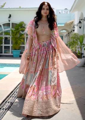 Beige Digital Printed with Dori and Zari embroidered Chinnon Silk Bollywood lehenga 1