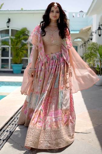 Beige Digital Printed with Dori and Zari embroidered Chinnon Silk Bollywood lehenga