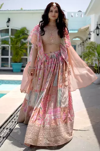 Beige Digital Printed with Dori and Zari embroidered Chinnon Silk Bollywood lehenga
