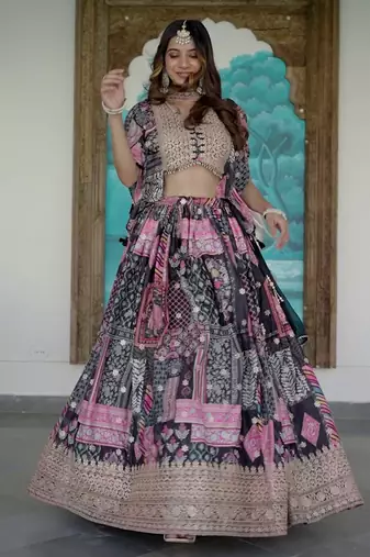 Black Digital Printed with Dori and Zari embroidered Chinnon Silk Ethnic lehenga