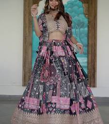 Black Digital Printed with Dori and Zari embroidered Chinnon Silk Ethnic lehenga