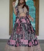 Black Digital Printed with Dori and Zari embroidered Chinnon Silk Ethnic lehenga