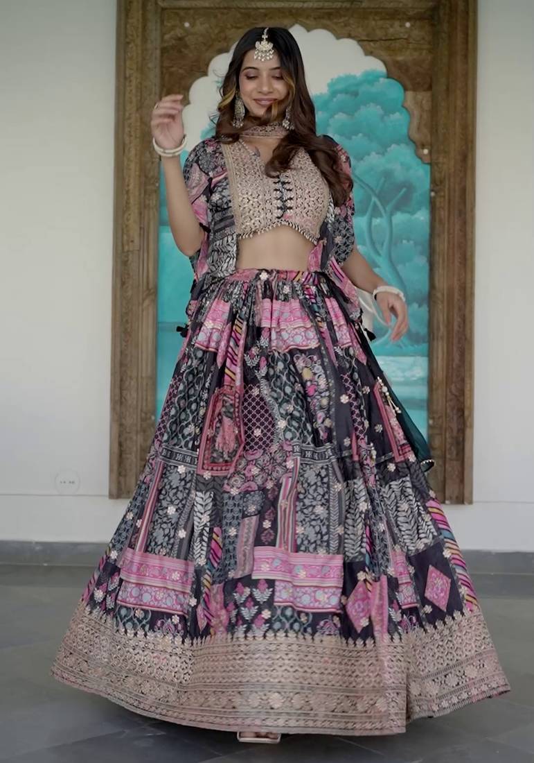 Black Digital Printed with Dori and Zari embroidered Chinnon Silk Ethnic lehenga