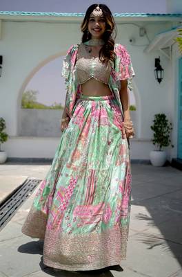 Green Digital Printed with Dori and Zari embroidered Chinnon Silk mehandi ceremony wear lehenga 1