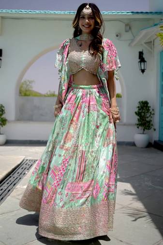 Green Digital Printed with Dori and Zari embroidered Chinnon Silk mehandi ceremony wear lehenga