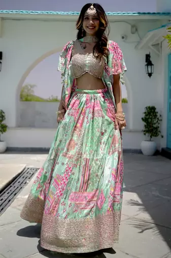 Green Digital Printed with Dori and Zari embroidered Chinnon Silk mehandi ceremony wear lehenga