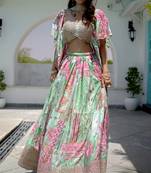 Green Digital Printed with Dori and Zari embroidered Chinnon Silk mehandi ceremony wear lehenga