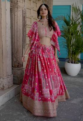 Pink Digital Printed with Dori and Zari embroidered Chinnon Silk party wear lehenga 1