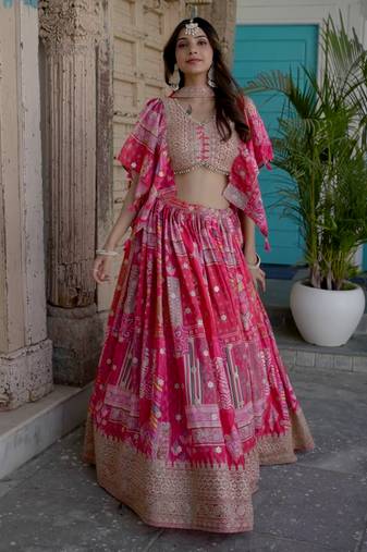 Pink Digital Printed with Dori and Zari embroidered Chinnon Silk party wear lehenga