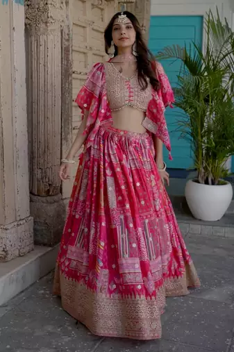 Pink Digital Printed with Dori and Zari embroidered Chinnon Silk party wear lehenga