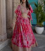 Pink Digital Printed with Dori and Zari embroidered Chinnon Silk party wear lehenga