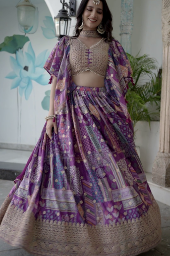 Purple Digital Printed with Dori and Zari embroidered Chinnon Silk reception wear lehenga
